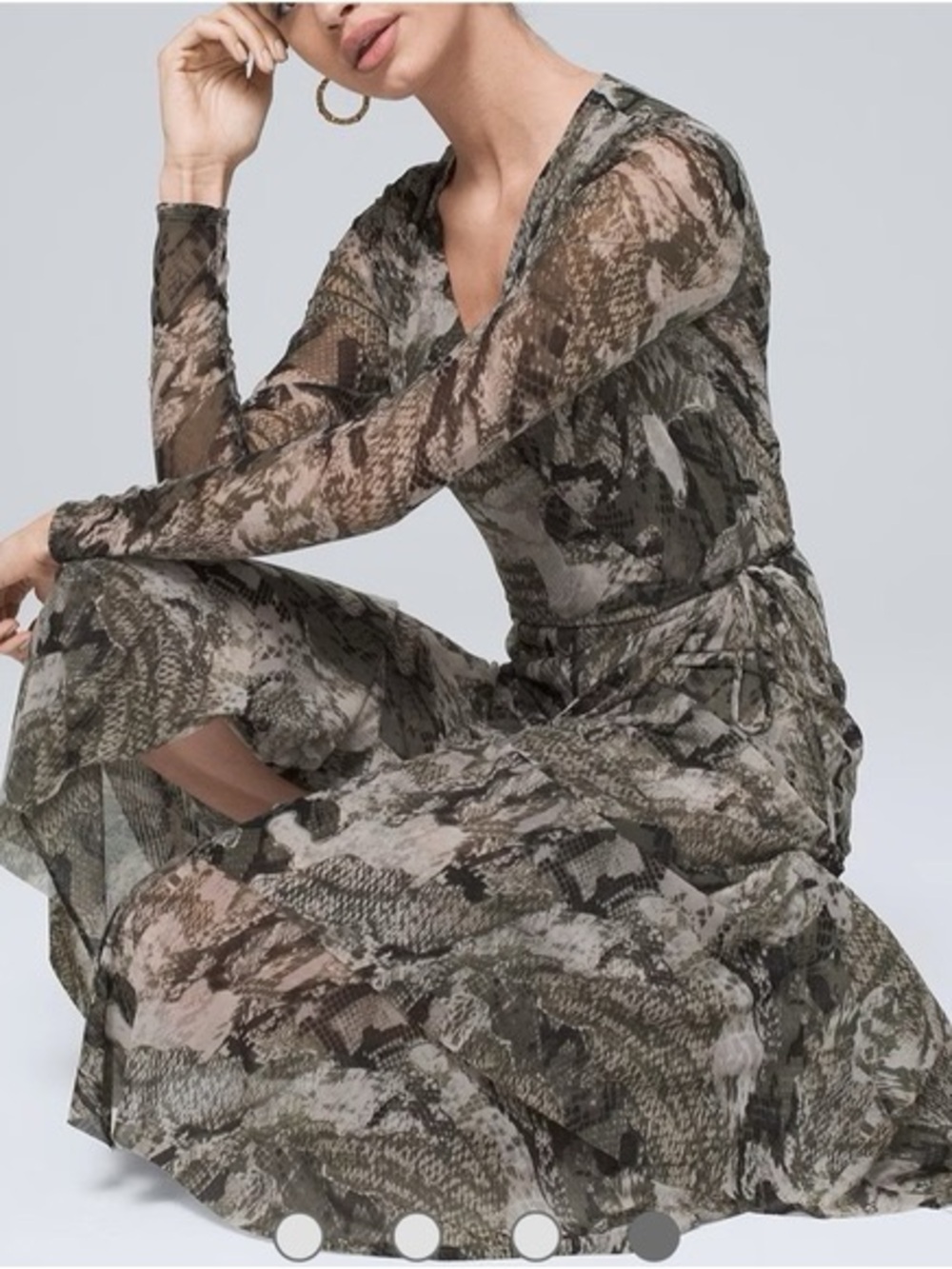 WHBM Long Sleeve Snake Print Mesh Dress - Olive Neutral - NWT